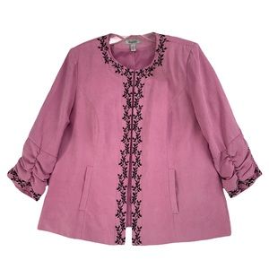 Pink Faux Suede Black Floral Embroidery Open Front Blazer Ruched Sleeves